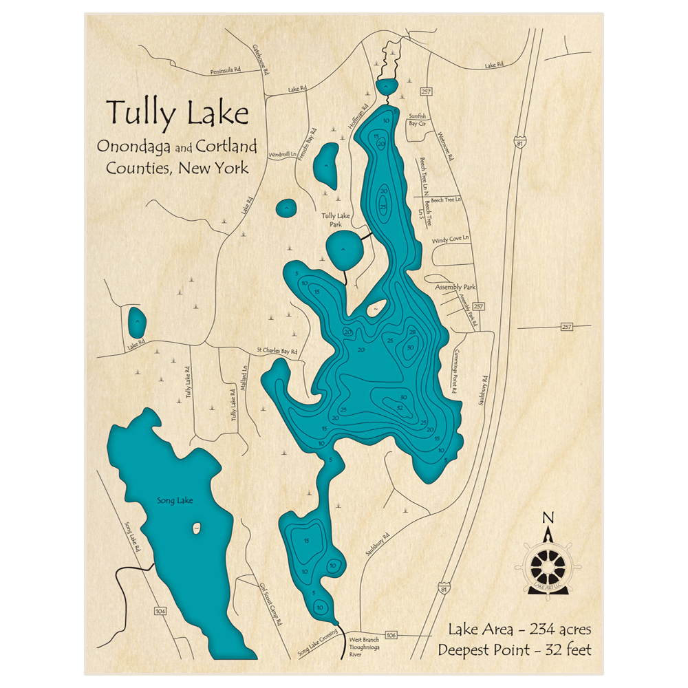 Bathymetric topo map of Tully Lake with roads, towns and depths noted in blue water
