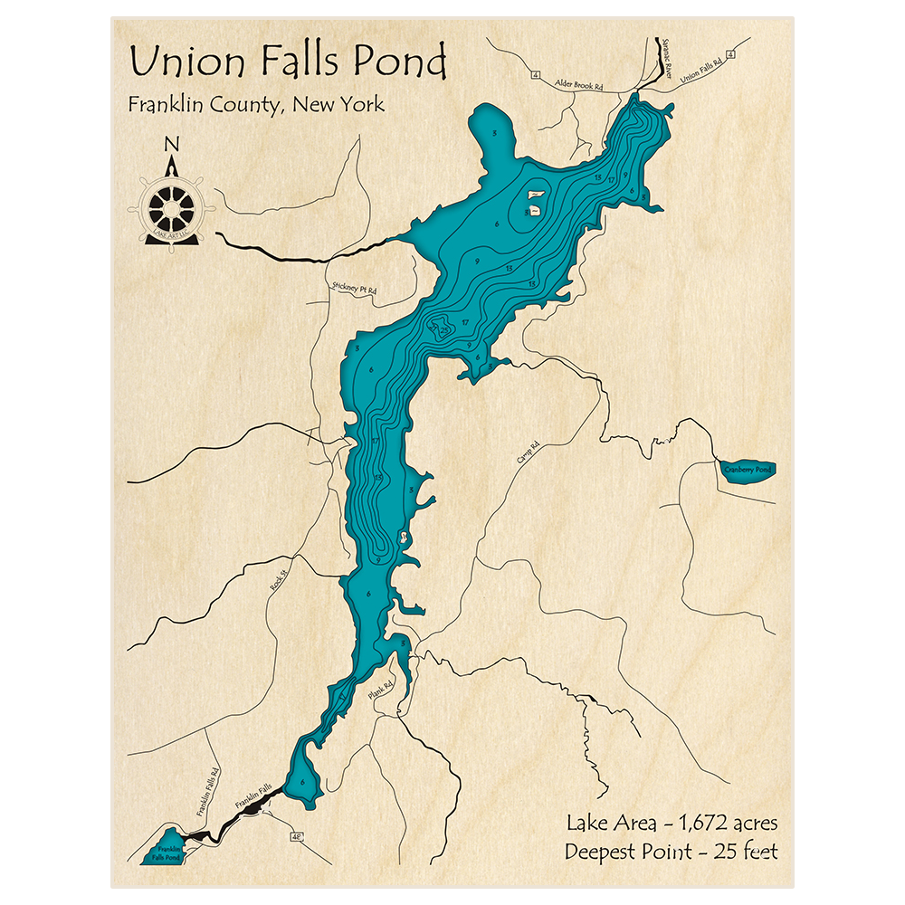 Bathymetric topo map of Union Falls Pond with roads, towns and depths noted in blue water