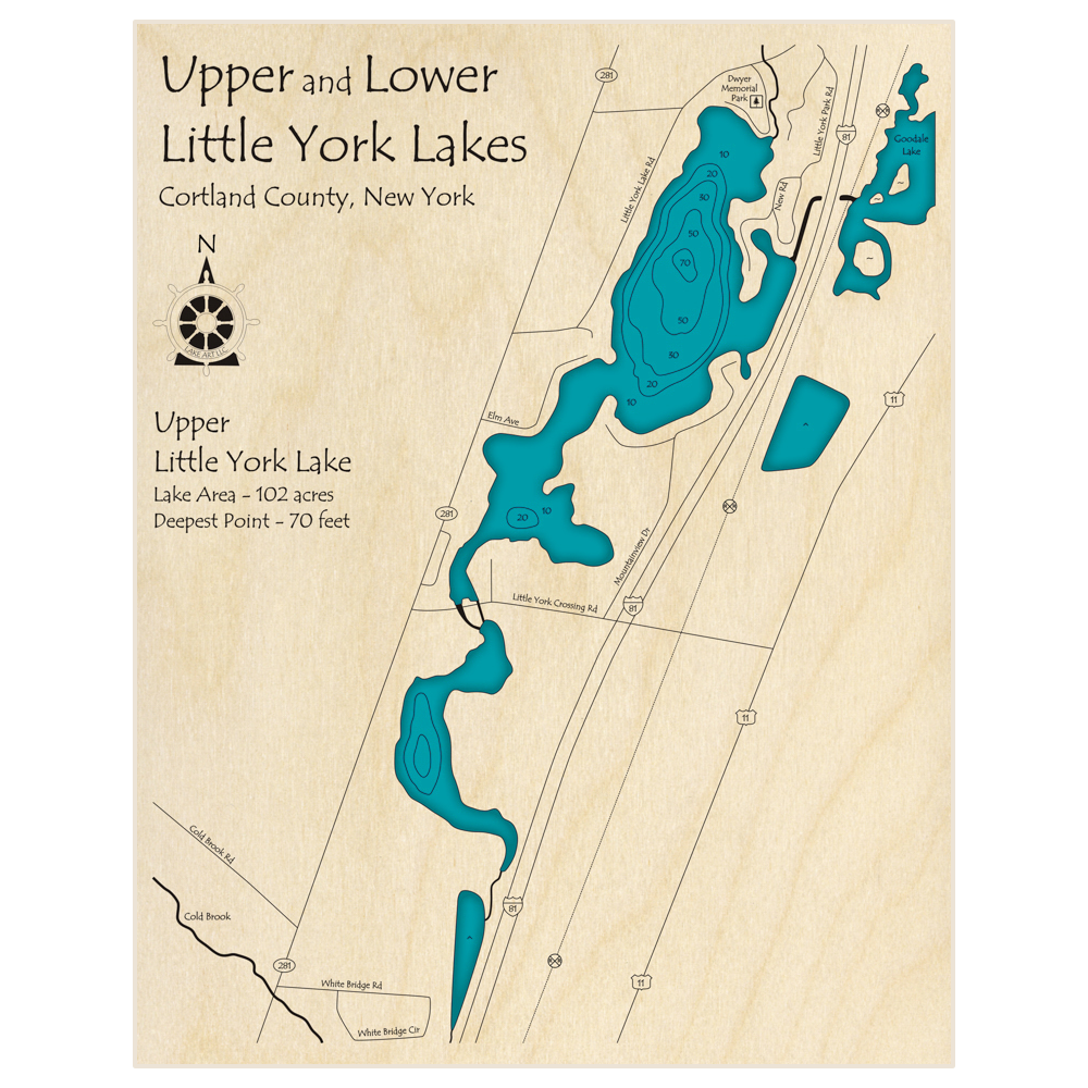 Bathymetric topo map of Upper and Lower Little York Lakes with roads, towns and depths noted in blue water