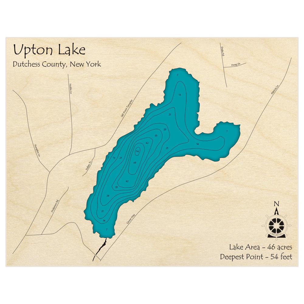 Bathymetric topo map of Upton Lake with roads, towns and depths noted in blue water