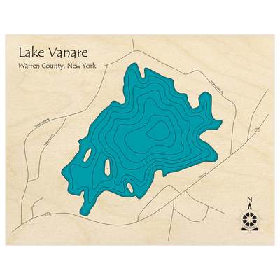 Bathymetric topo map of Lake Vanare  with roads, towns and depths noted in blue water