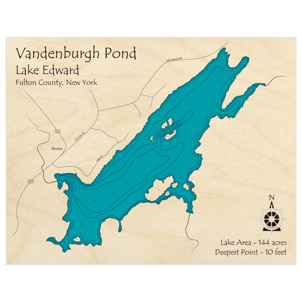 Bathymetric topo map of Vandenburgh Pond (Lake Edward) with roads, towns and depths noted in blue water