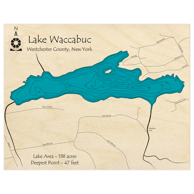 Bathymetric topo map of Lake Waccabuc with roads, towns and depths noted in blue water