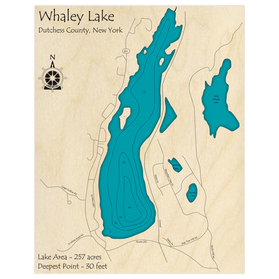 Bathymetric topo map of Whaley Lake with roads, towns and depths noted in blue water