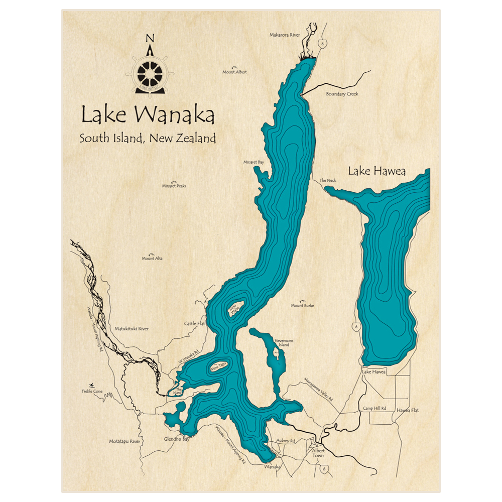 Bathymetric topo map of Lake Wanaka  with roads, towns and depths noted in blue water