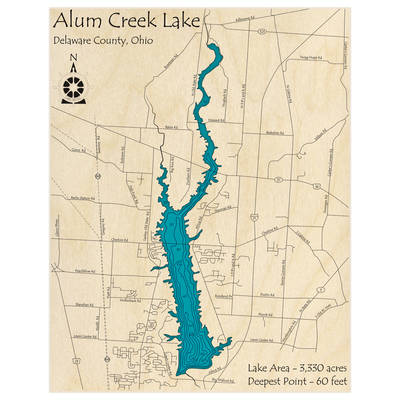 Bathymetric topo map of Alum Creek Reservoir with roads, towns and depths noted in blue water