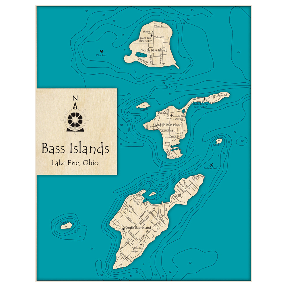 Bathymetric topo map of Bass Islands with roads, towns and depths noted in blue water