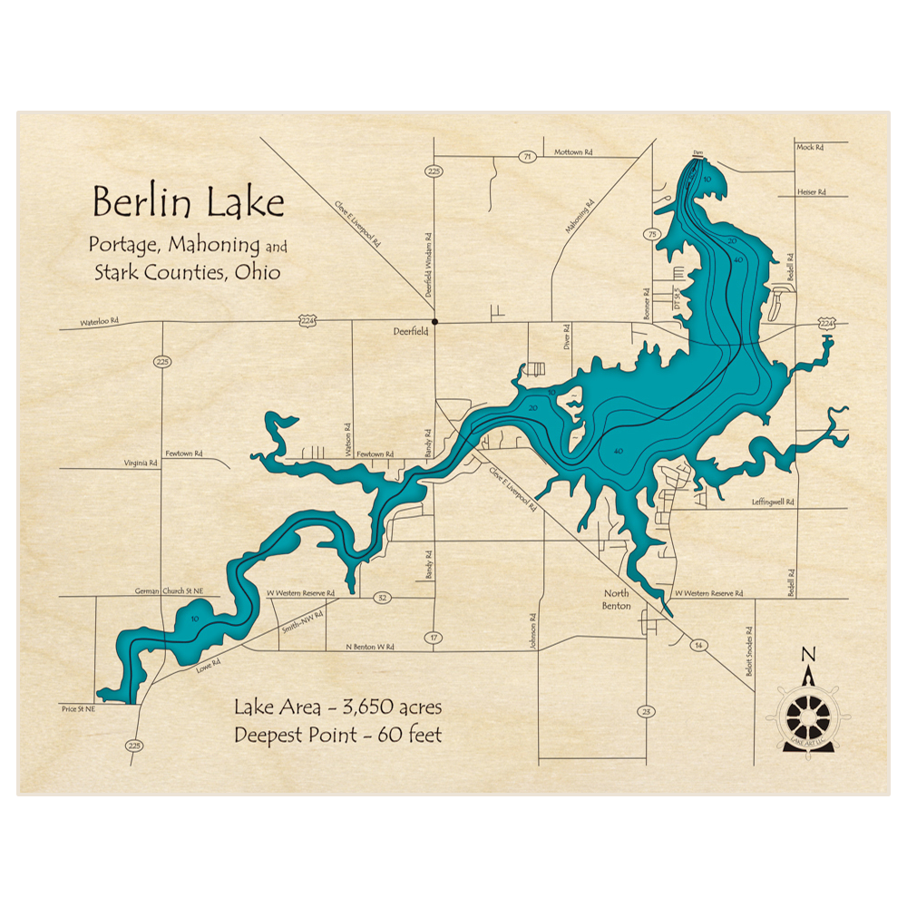 Bathymetric topo map of Berlin Lake with roads, towns and depths noted in blue water