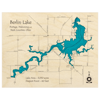 Bathymetric topo map of Berlin Lake with roads, towns and depths noted in blue water