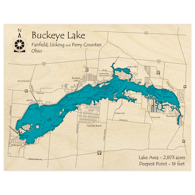 Bathymetric topo map of Buckeye Lake with roads, towns and depths noted in blue water