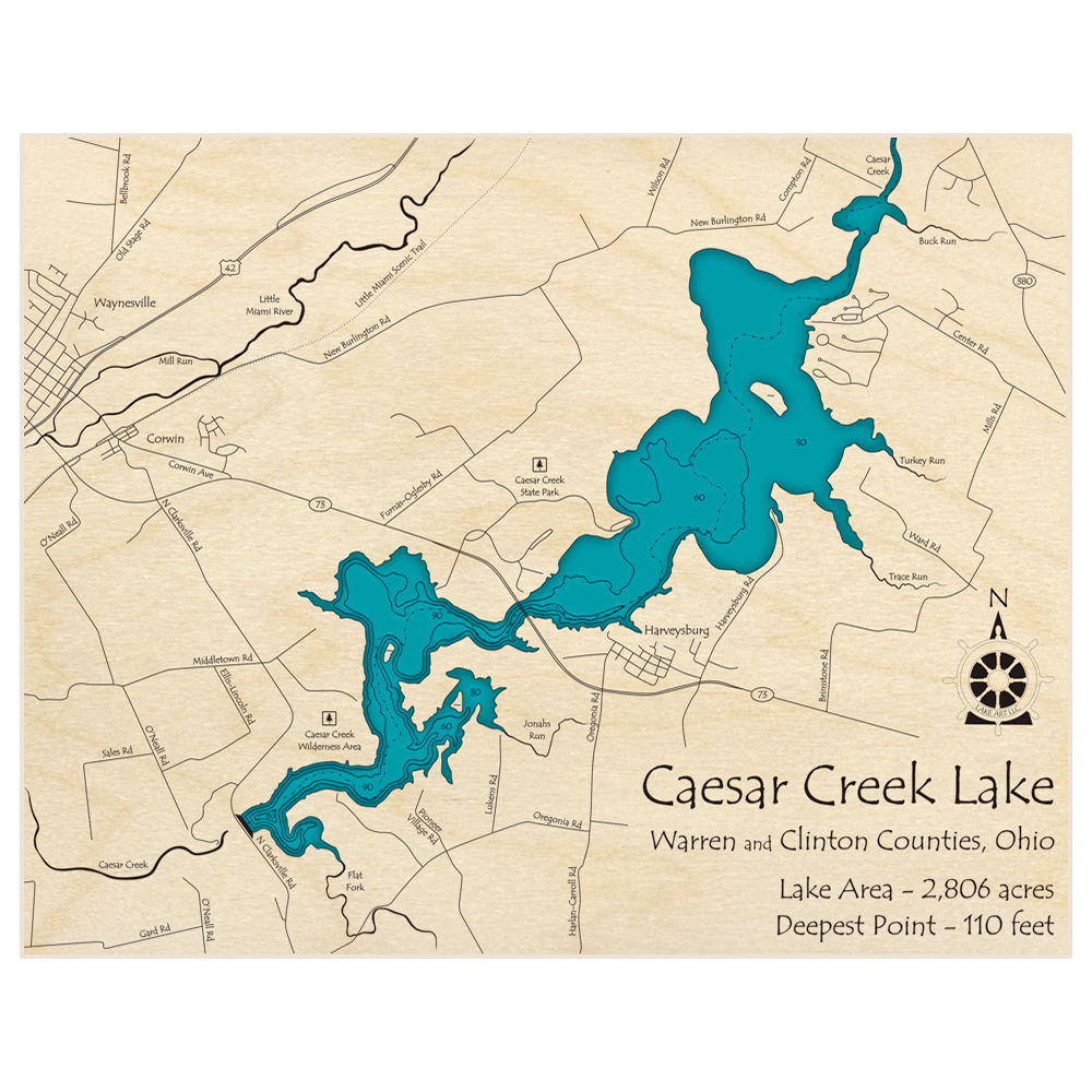 Bathymetric topo map of Caesar Creek Lake with roads, towns and depths noted in blue water