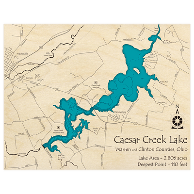 Bathymetric topo map of Caesar Creek Lake with roads, towns and depths noted in blue water