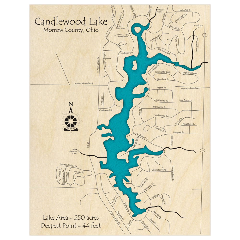 Bathymetric topo map of Candlewood Lake  with roads, towns and depths noted in blue water