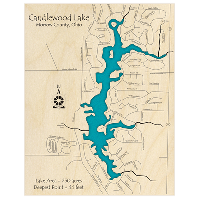 Bathymetric topo map of Candlewood Lake  with roads, towns and depths noted in blue water