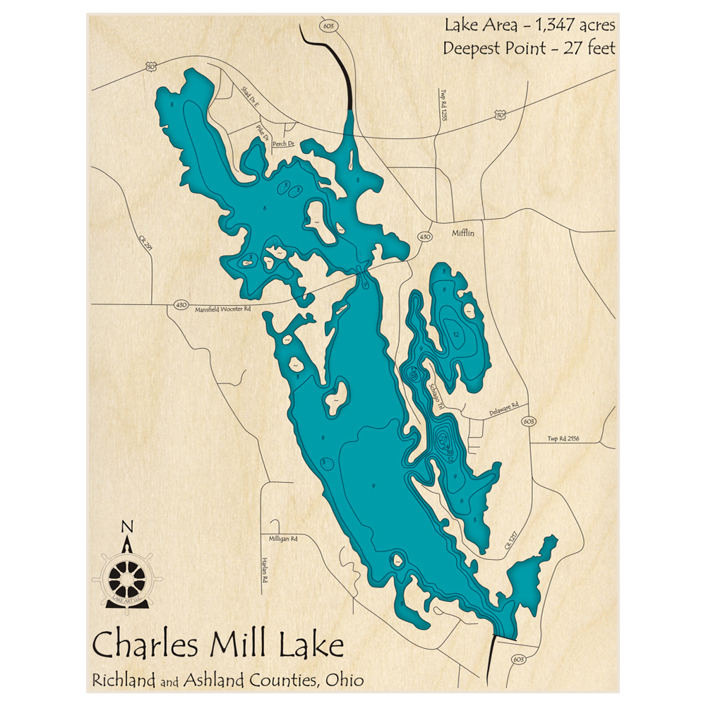 Bathymetric topo map of Charles Mill Lake with roads, towns and depths noted in blue water