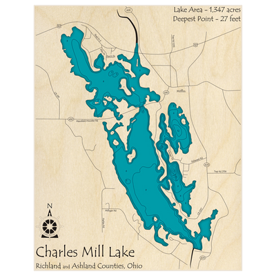 Bathymetric topo map of Charles Mill Lake with roads, towns and depths noted in blue water