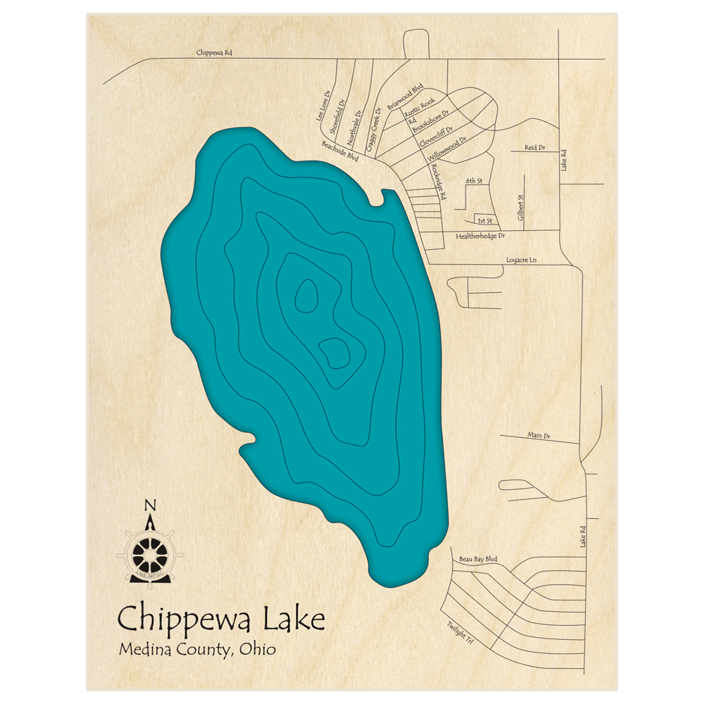 Bathymetric topo map of Chippewa Lake  with roads, towns and depths noted in blue water
