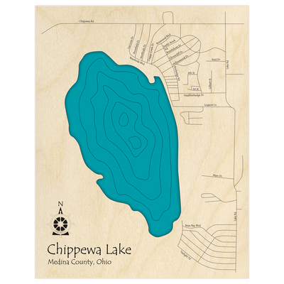 Bathymetric topo map of Chippewa Lake  with roads, towns and depths noted in blue water