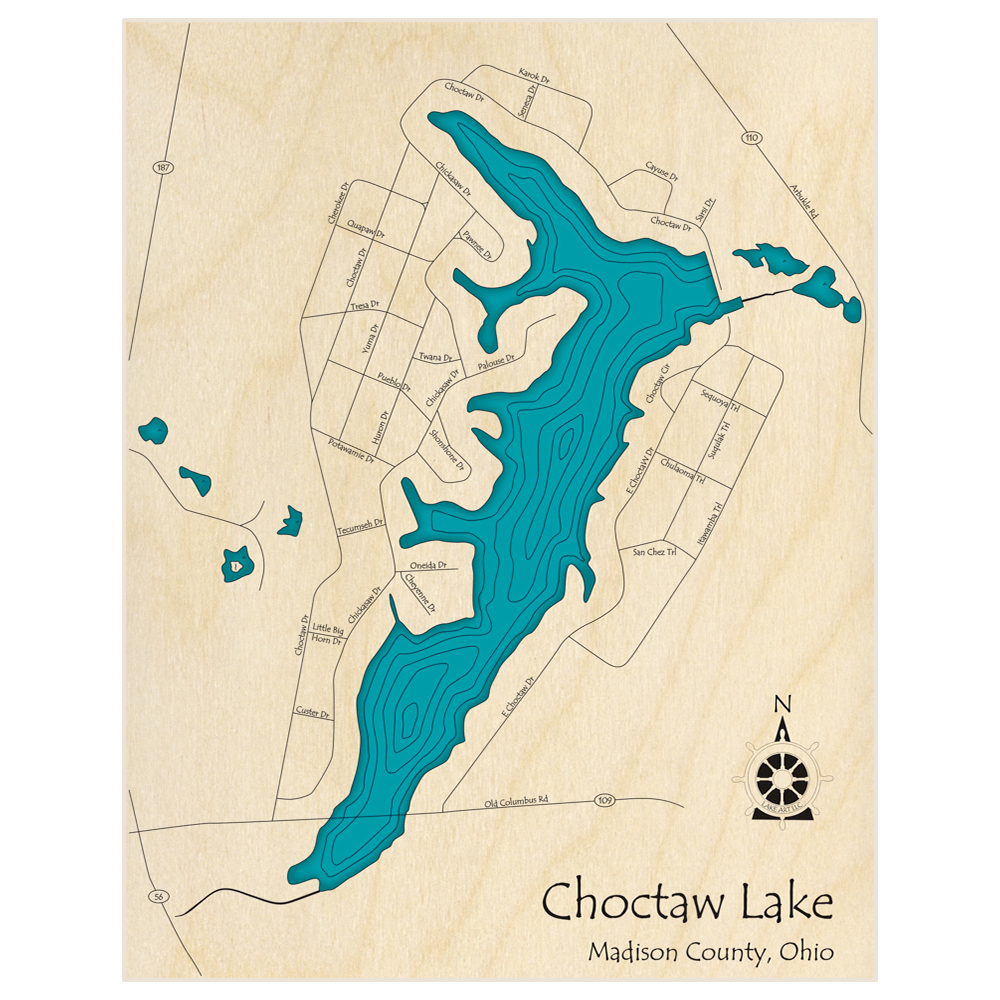 Bathymetric topo map of Choctaw Lake  with roads, towns and depths noted in blue water