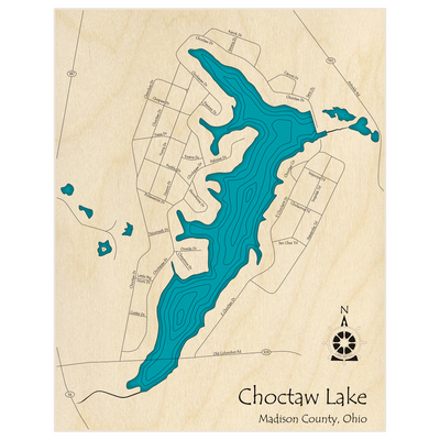 Bathymetric topo map of Choctaw Lake  with roads, towns and depths noted in blue water