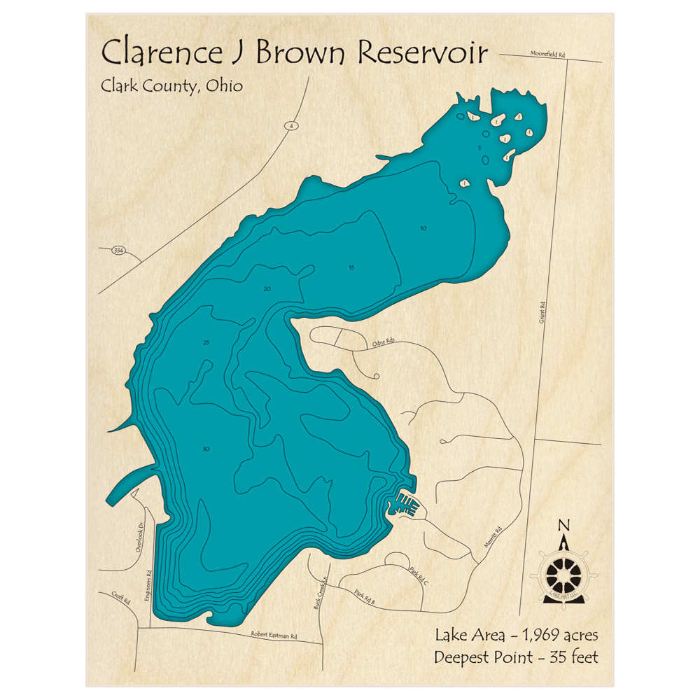 Bathymetric topo map of Clarence J Brown Reservoir with roads, towns and depths noted in blue water