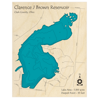 Bathymetric topo map of Clarence J Brown Reservoir with roads, towns and depths noted in blue water