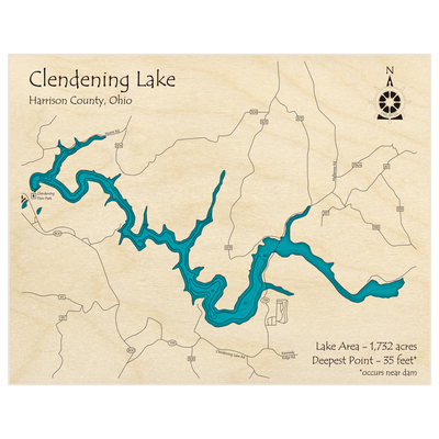 Bathymetric topo map of Clendening Lake with roads, towns and depths noted in blue water