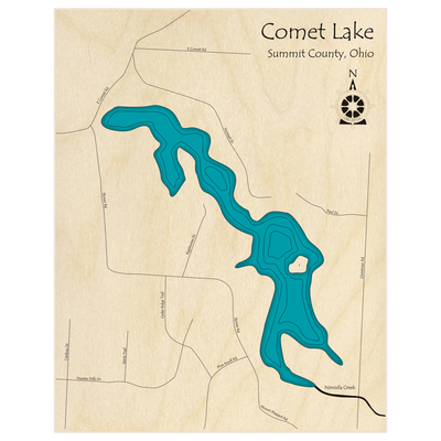 Bathymetric topo map of Comet Lake  with roads, towns and depths noted in blue water
