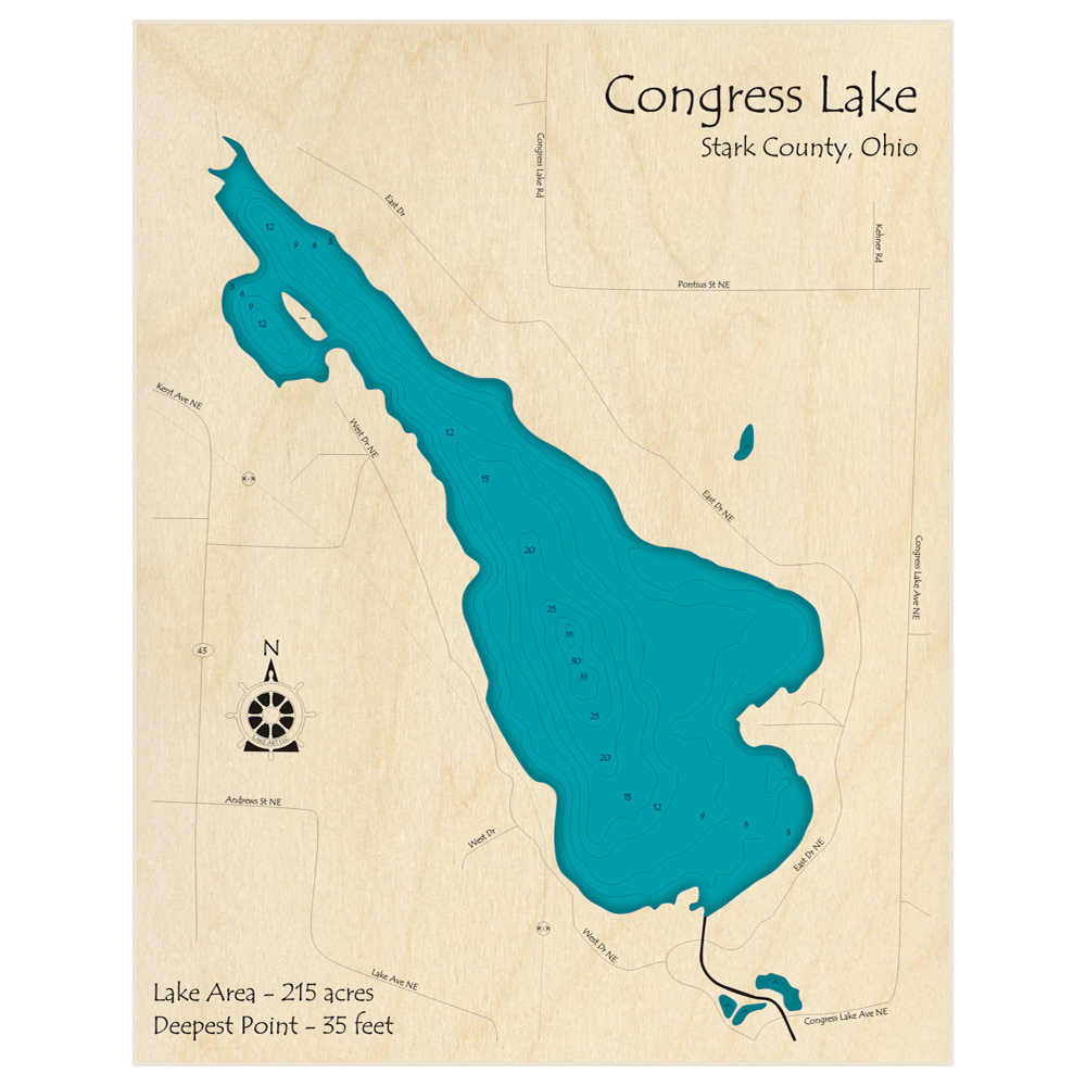 Bathymetric topo map of Congress Lake with roads, towns and depths noted in blue water