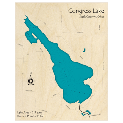 Bathymetric topo map of Congress Lake with roads, towns and depths noted in blue water
