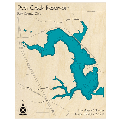 Bathymetric topo map of Deer Creek Reservoir with roads, towns and depths noted in blue water