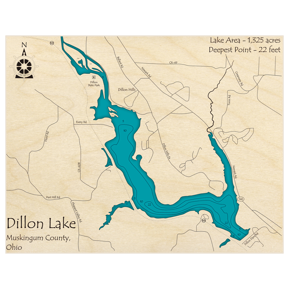 Bathymetric topo map of Dillon Lake with roads, towns and depths noted in blue water