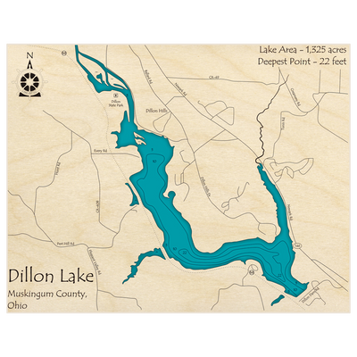 Bathymetric topo map of Dillon Lake with roads, towns and depths noted in blue water