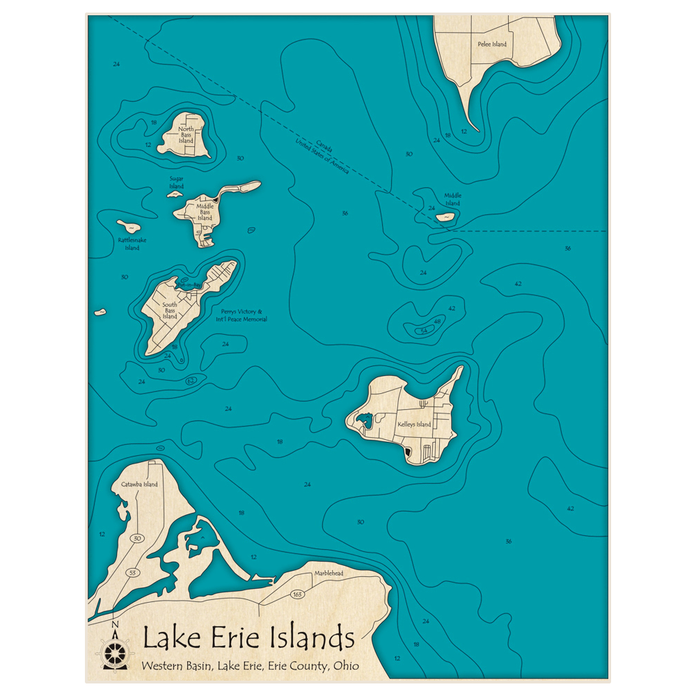 Bathymetric topo map of Erie Islands (zoomed in) with roads, towns and depths noted in blue water
