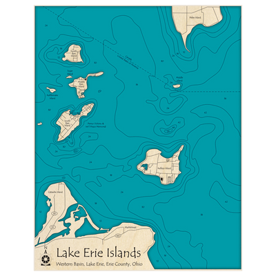 Bathymetric topo map of Erie Islands (zoomed in) with roads, towns and depths noted in blue water