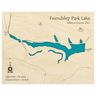 Bathymetric topo map of Friendship Park Lake with roads, towns and depths noted in blue water