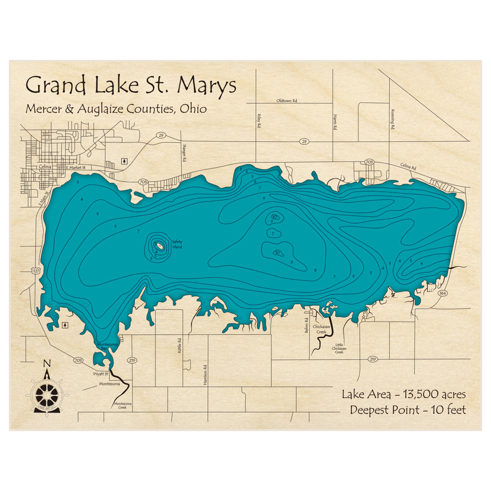 Bathymetric topo map of Grand Lake St Marys with roads, towns and depths noted in blue water