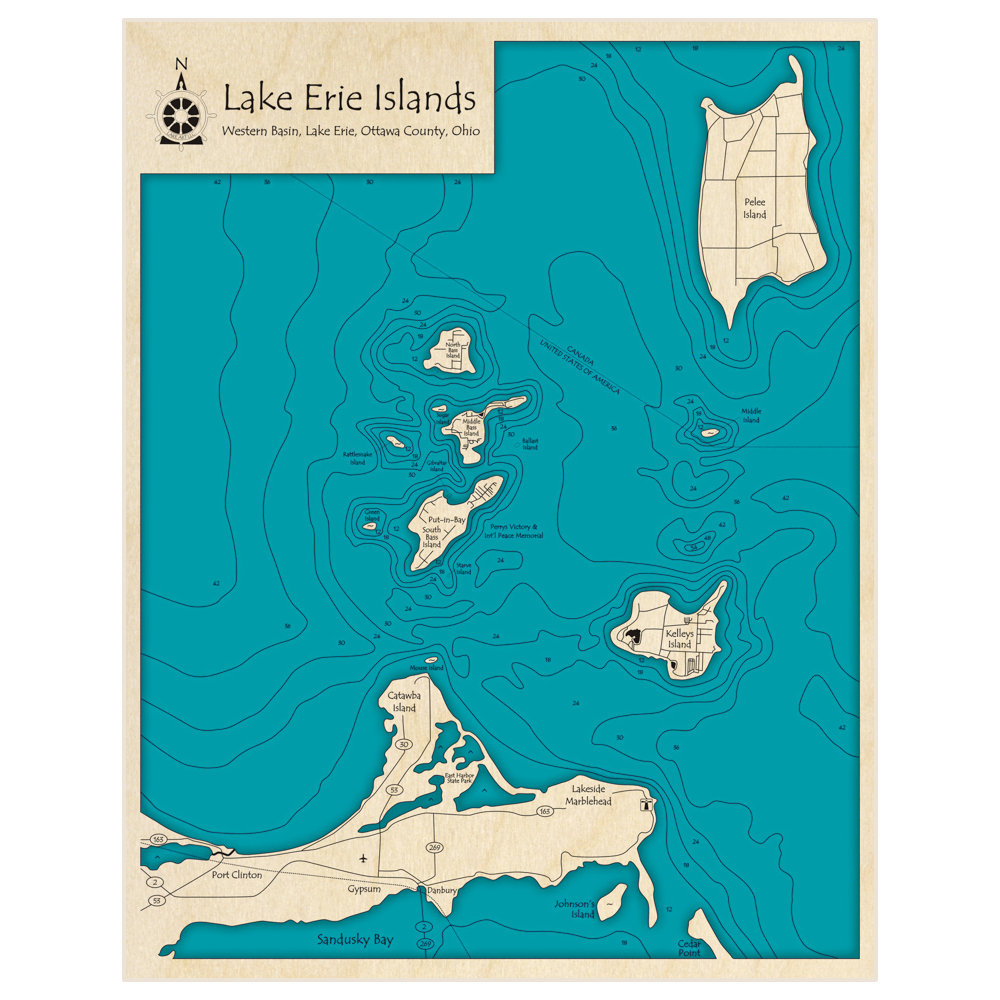 Bathymetric topo map of Islands of Lake Erie with Port Clinton with roads, towns and depths noted in blue water