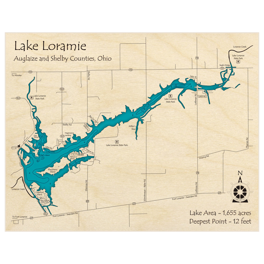 Bathymetric topo map of Loramie Lake with roads, towns and depths noted in blue water