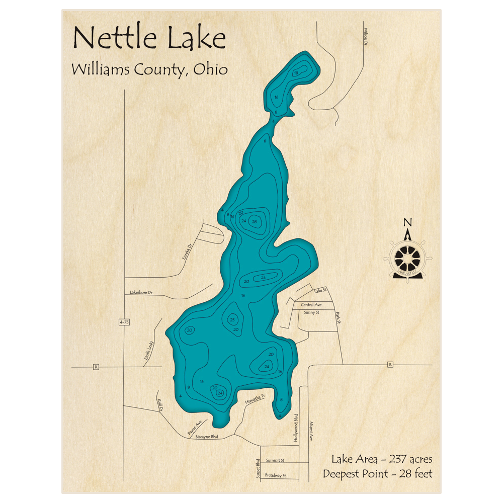 Bathymetric topo map of Nettle Lake with roads, towns and depths noted in blue water