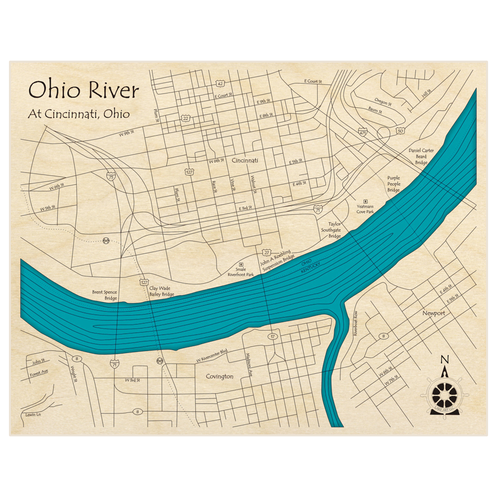 Bathymetric topo map of Ohio River (Cincinnati Area) with roads, towns and depths noted in blue water
