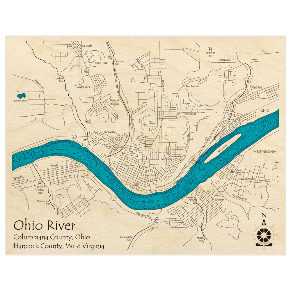 Bathymetric topo map of Ohio River at East Liverpool with roads, towns and depths noted in blue water