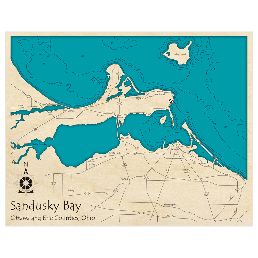 Bathymetric topo map of Sandusky Bay with roads, towns and depths noted in blue water