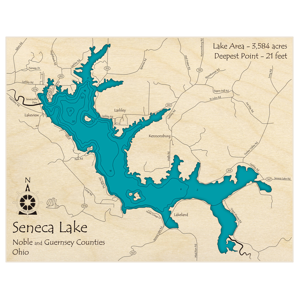 Bathymetric topo map of Seneca Lake with roads, towns and depths noted in blue water