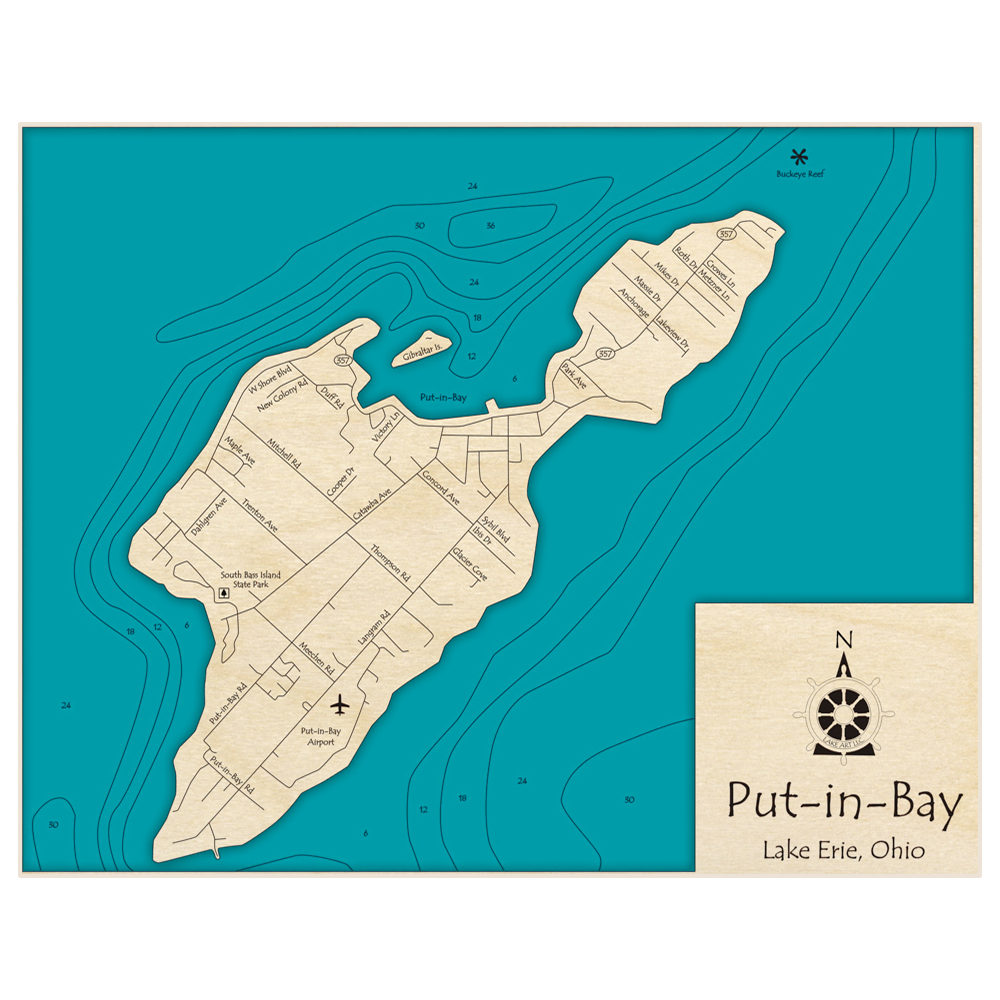 Bathymetric topo map of Put In Bay (south Bass Island) with roads, towns and depths noted in blue water