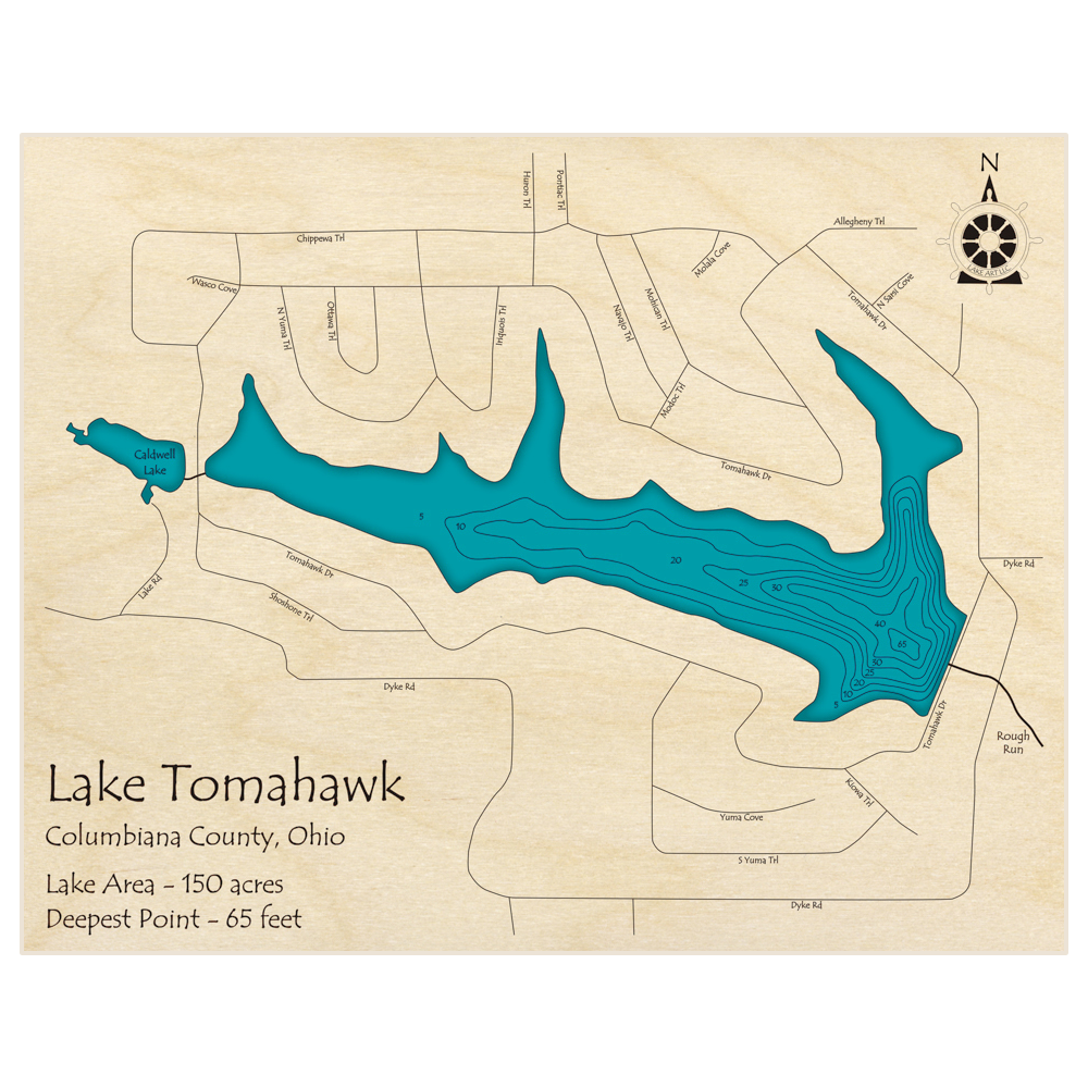 Bathymetric topo map of Lake Tomahawk with roads, towns and depths noted in blue water