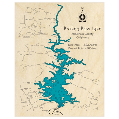 Bathymetric topo map of Broken Bow Lake with roads, towns and depths noted in blue water
