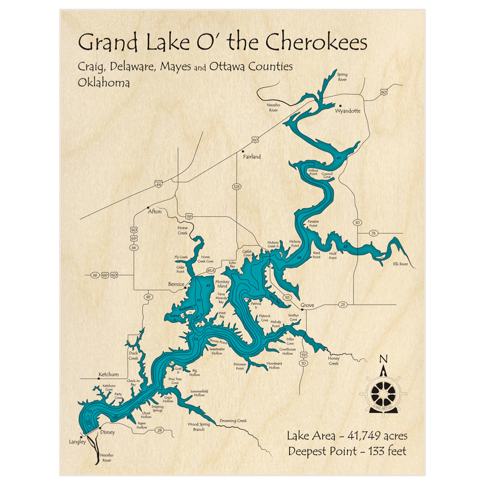Bathymetric topo map of Grand Lake O the Cherokees with roads, towns and depths noted in blue water