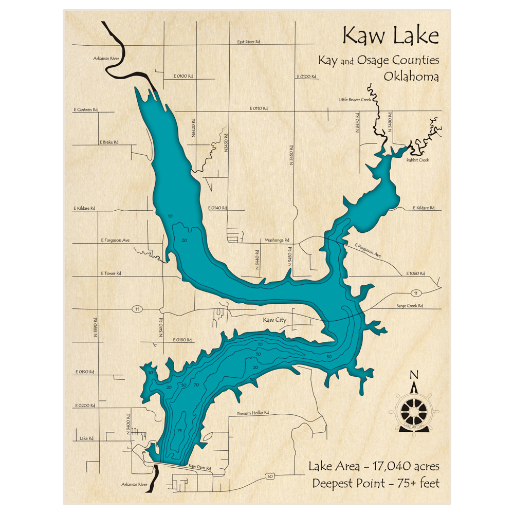 Bathymetric topo map of Kaw Lake with roads, towns and depths noted in blue water