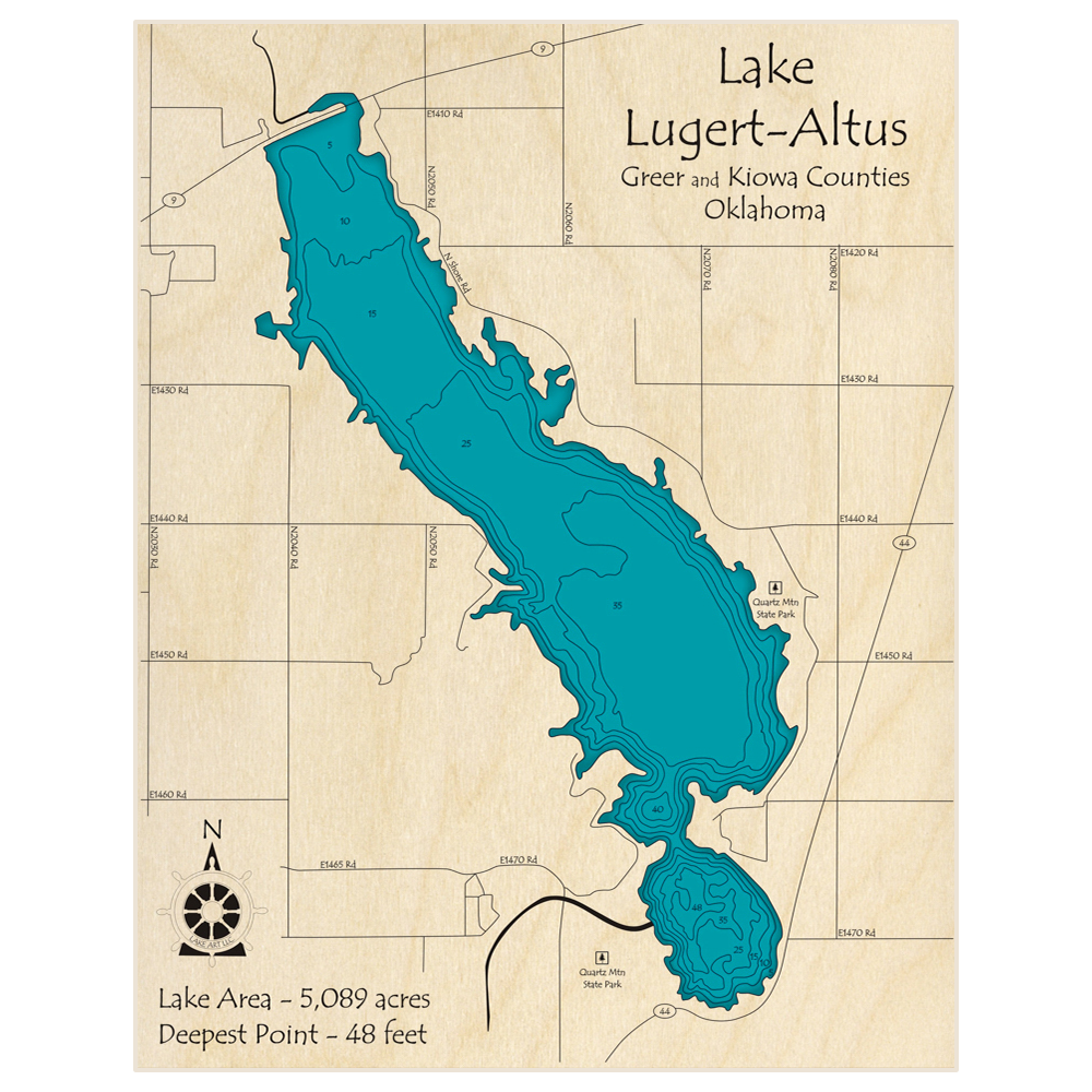 Bathymetric topo map of Lake Lugert-Altus with roads, towns and depths noted in blue water